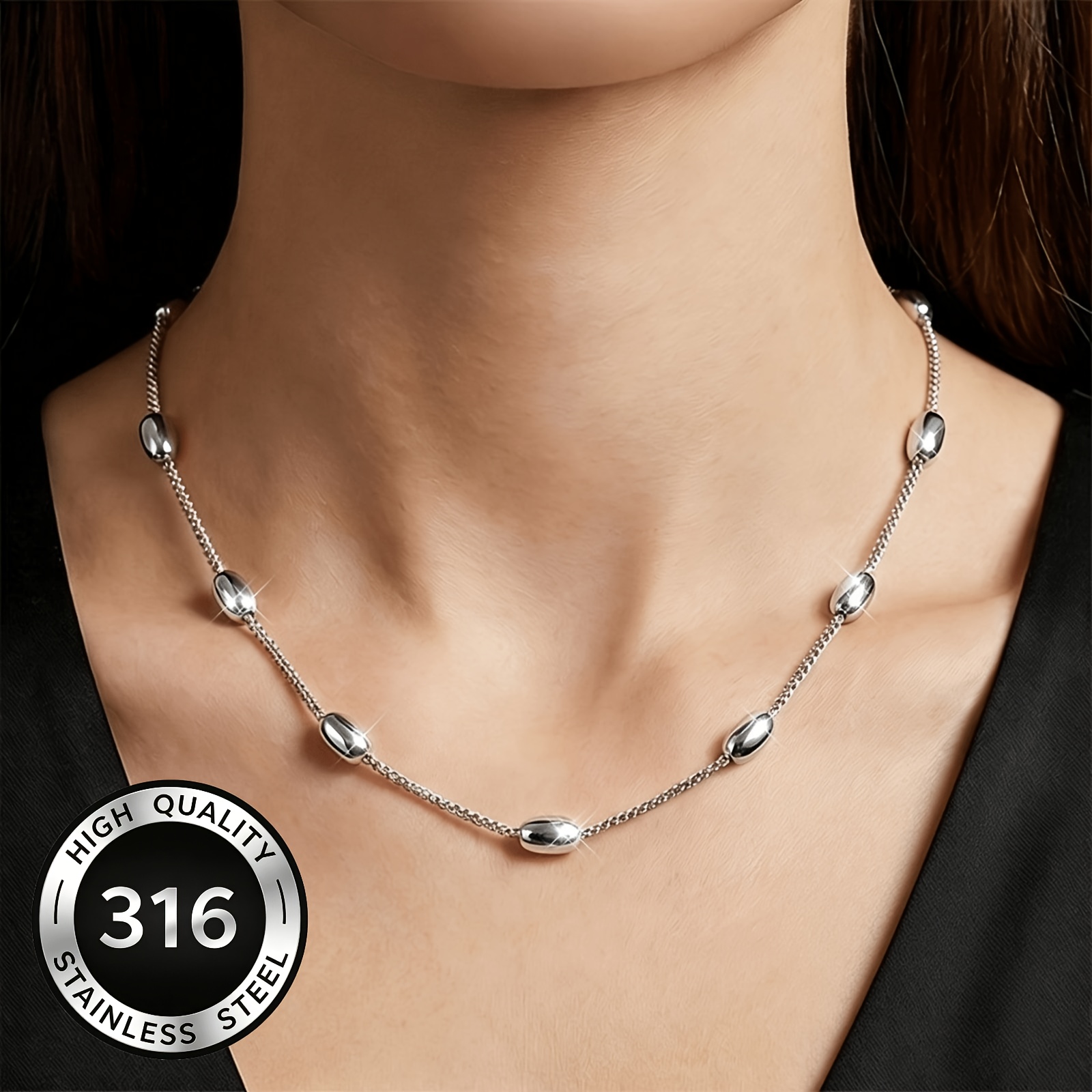 Unisex Beaded Stainless Steel Necklace, Exquisite Choker